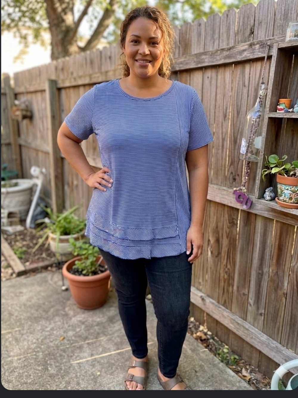 Soft surroundings Coco Blue and White Striped Short Sleeve tunic top
